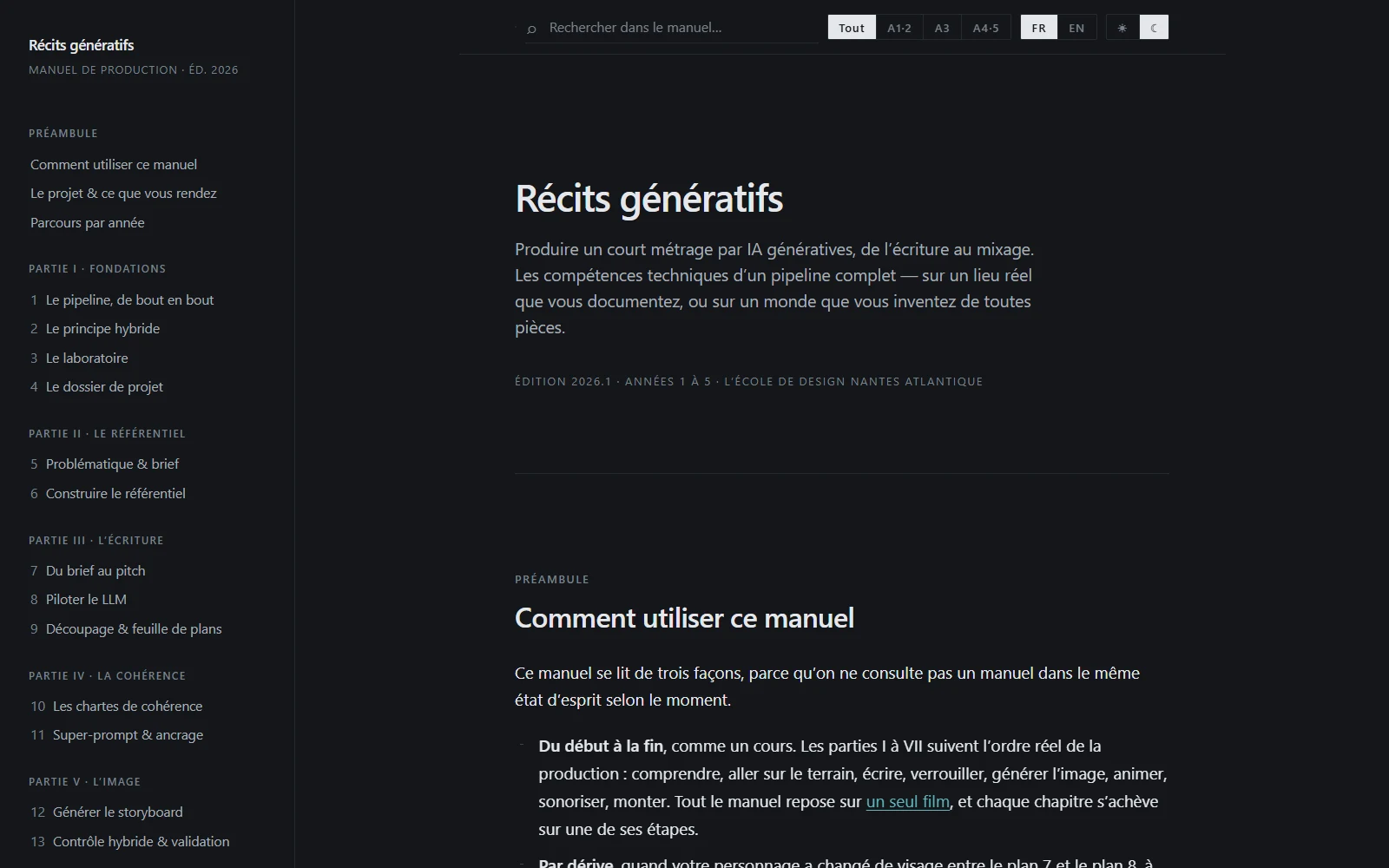 Récits génératifs manual — opening page